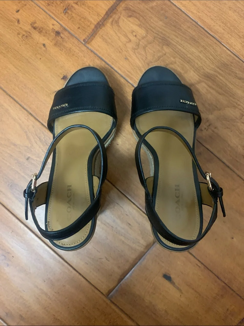 Coach Elda Mat Black Wedge Sandals with buckle strap Size 5.5